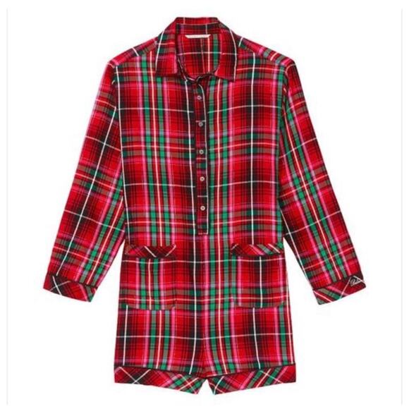 NWT Victoria’s Secret Flannel Romper Size XXL Red Plaid Print Pajamas Sleepwear - Picture 2 of 14